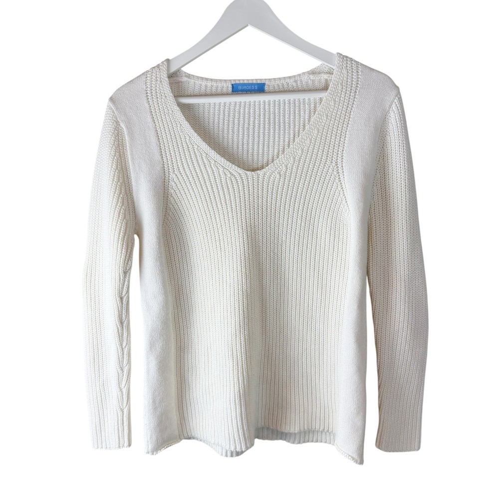 Burgess Womens‎ Cream Cotton Cashmere Blend V-Neck Shaker Knit Sweater Size M